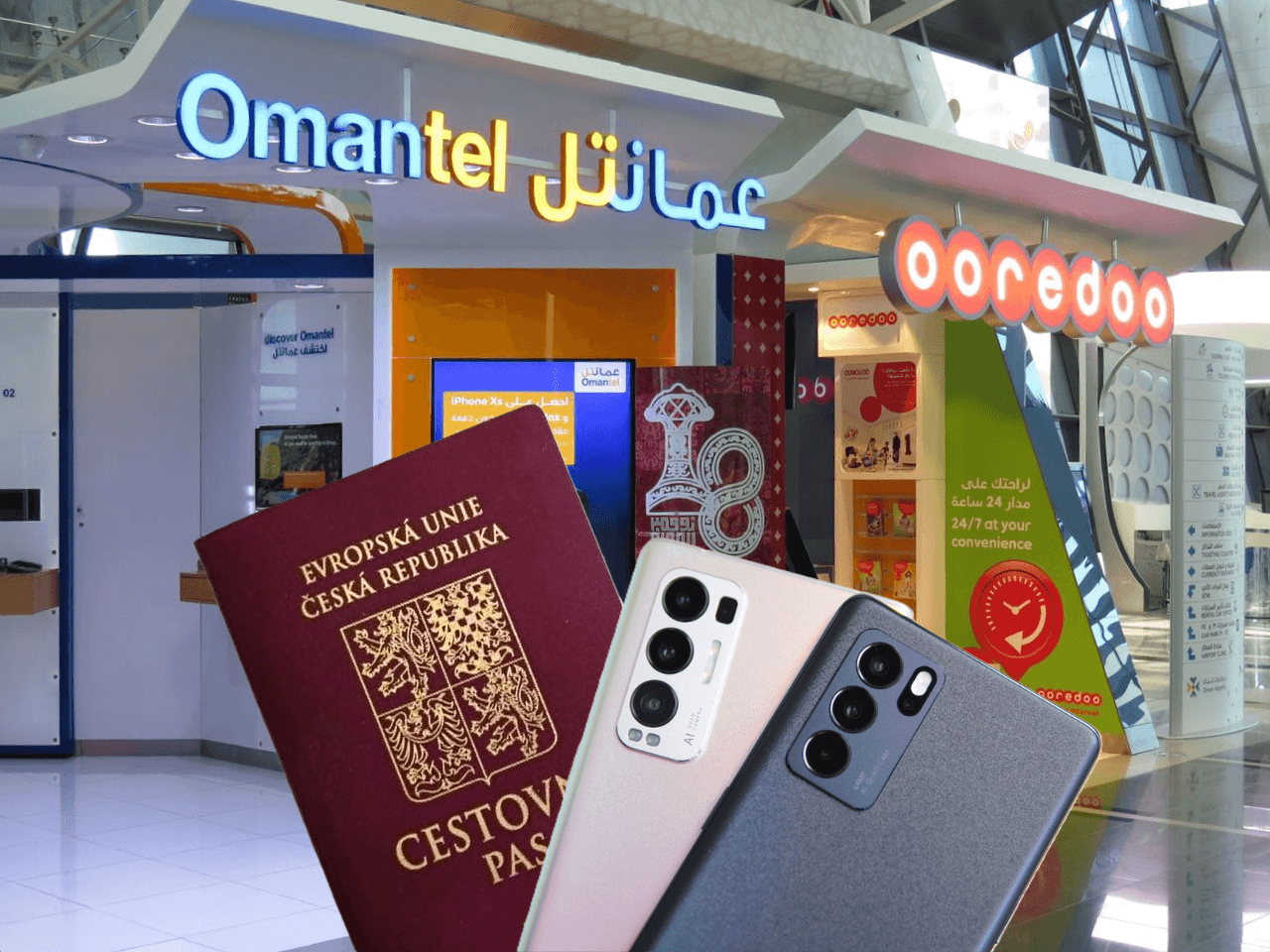 Stánky ománských mobilních operátorů na letišti v Salalah