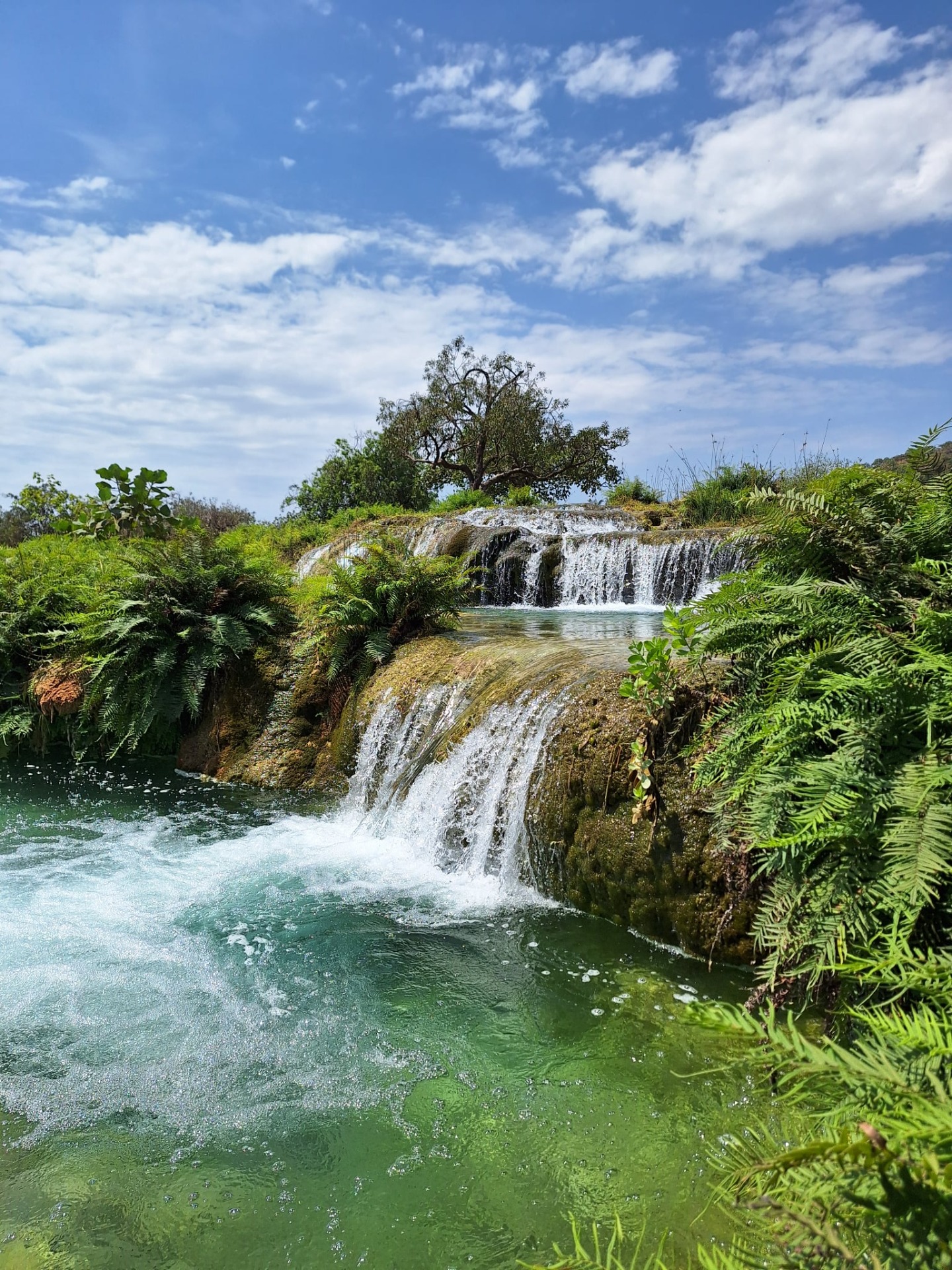 Vodopád ve wadi darbat u salalah padající po skalách uprostřed zeleně, jezírko s pěnou a modrá obloha s mraky.