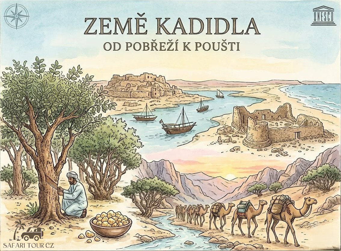 Země kadidla - krajina, karavany velbloudů a historické scény z oblasti kadidlové stezky na jihu Arábského poloostrova v Ománu