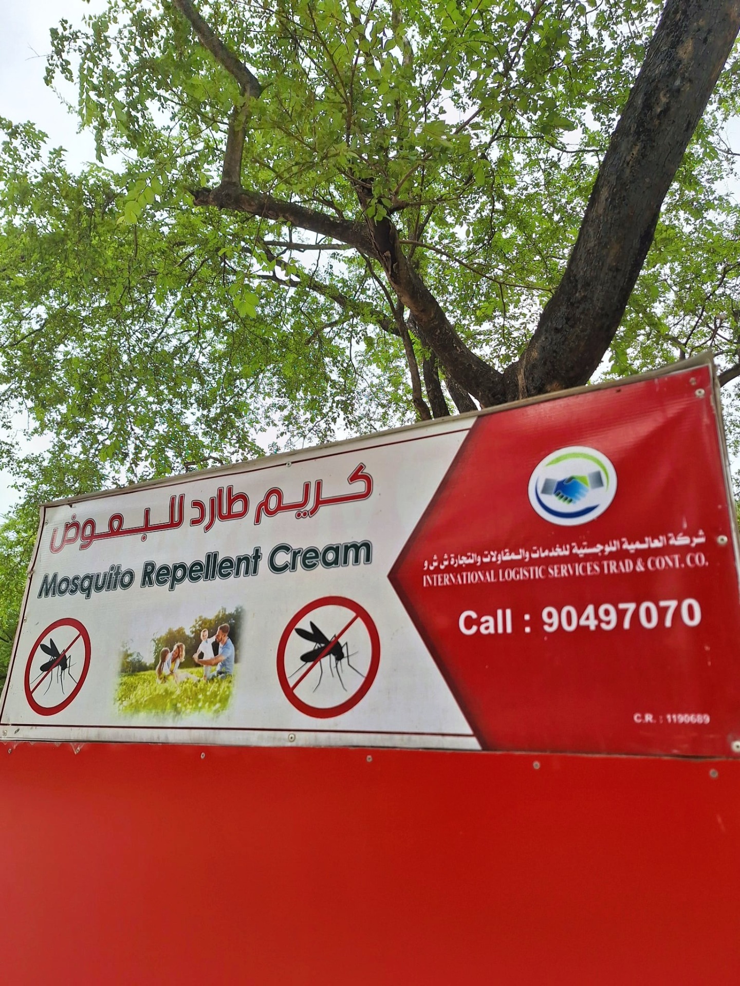 Reklamní cedule s nápisem Mosquito Repellent Cream a zákazovými symboly proti komárům, pod stromy. v Ayn Athum