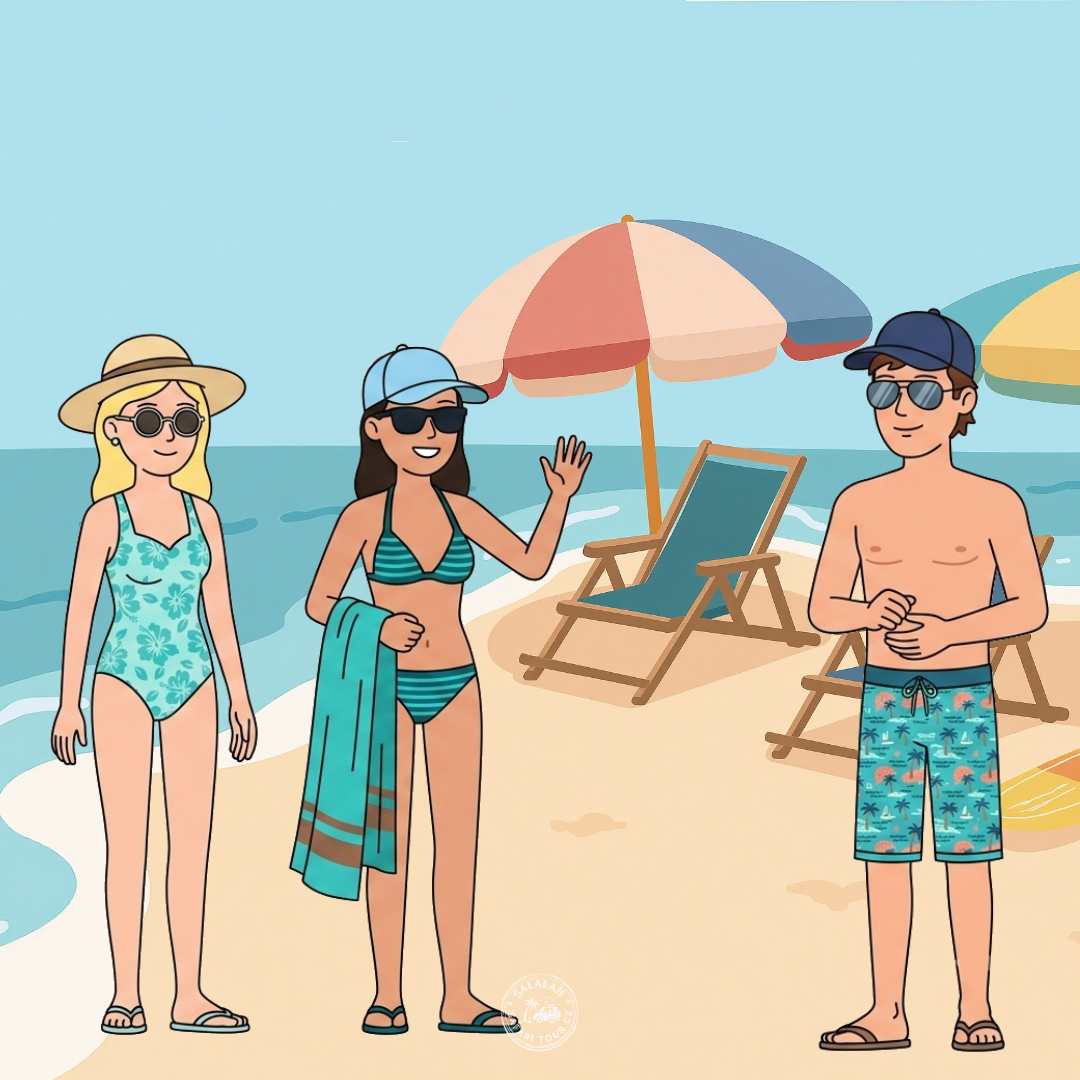 Tři postavy v plavkách na hotelových plážích a v resortech v Salalah v Ománu, kde je prostředí přizpůsobeno turistům.