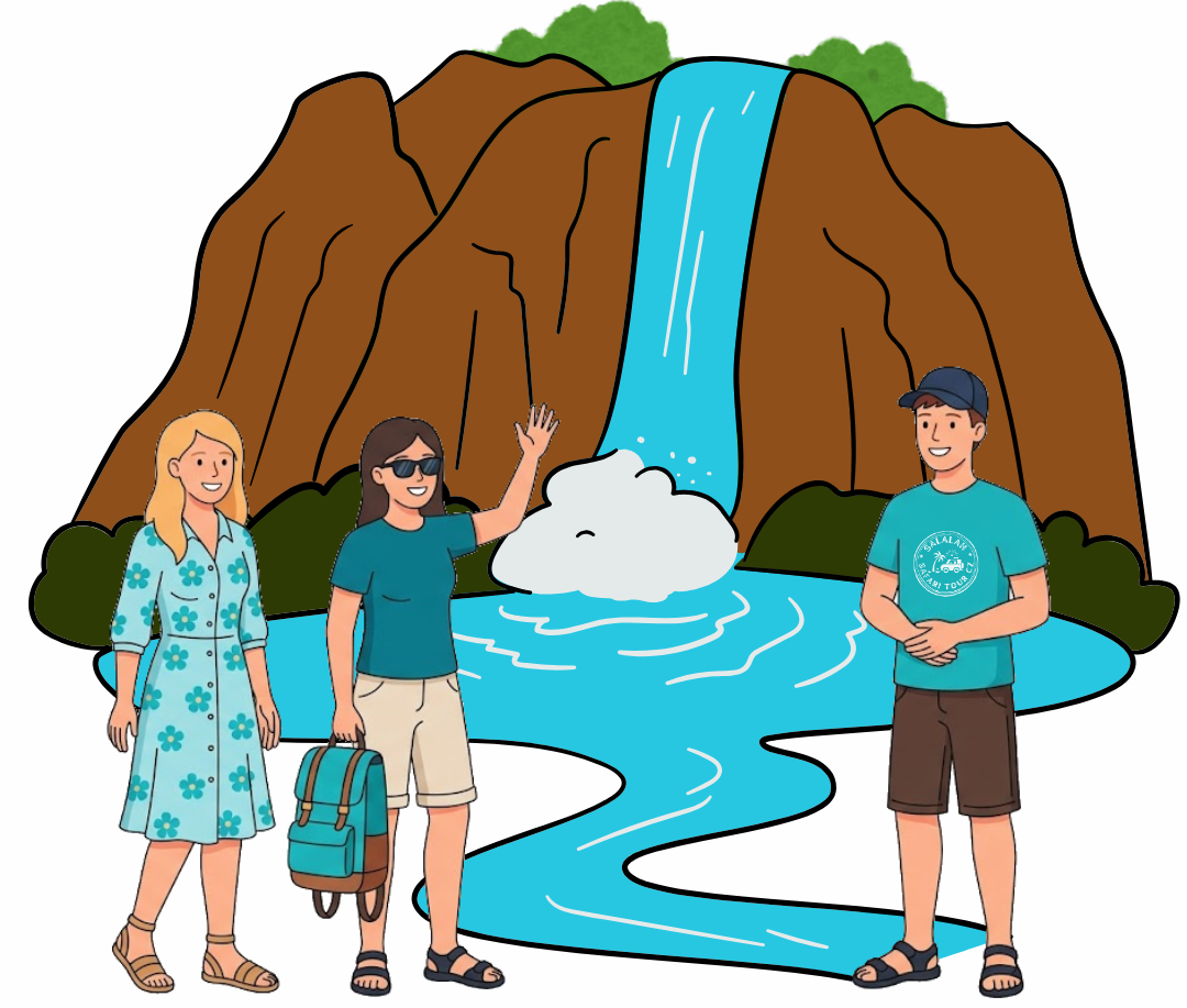 Skupina turistů vhodně oblečená na výlet v Salalah stojí u vodopádu Wadi Darbat