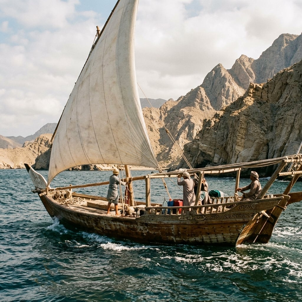Plachetnice dhow s plachtou na moři, lidé na palubě, v pozadí skalnaté hory Ománu 